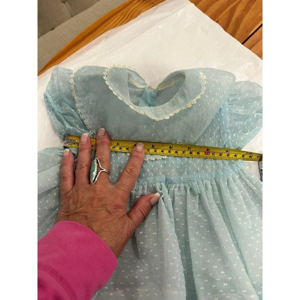 Vintage Baby Dress Blue Dotted with Crinoline 1970's Size 18 months